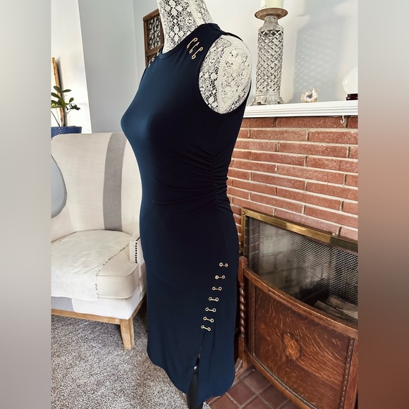 Michael Kors Navy Blue Bodycon Dress with Gold Detailing - Picture 3 of 4